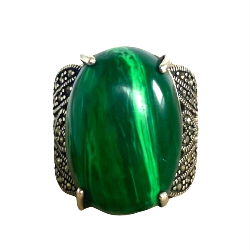 Sterling Silver 925 Thai Chunky Oval Malachite & Marcasite Wide Band Ring Sz 7.5